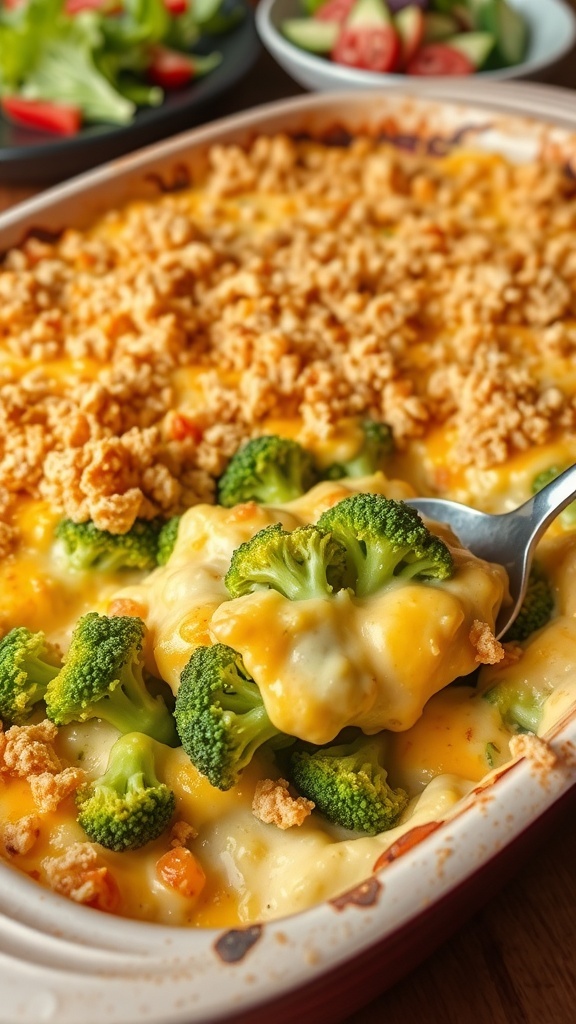 Cheesy broccoli casserole with a golden breadcrumb topping in a baking dish.